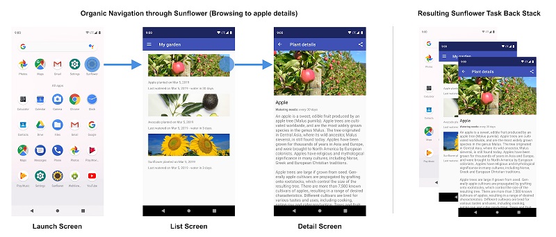 Пользовательская навигация по приложению Sunflower и получающемуся бэкстеку.